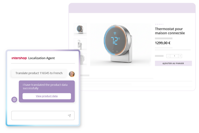 Intershop Localization Agent translating via prompt: request ‘Translate product 116545 to French’, followed by a French product page with thermostat and price.